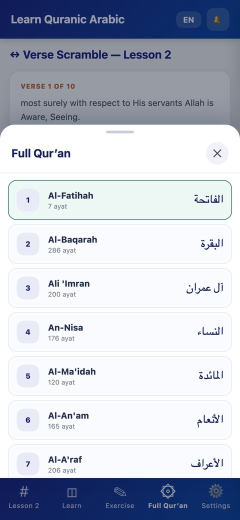 Full Qur'an surah list