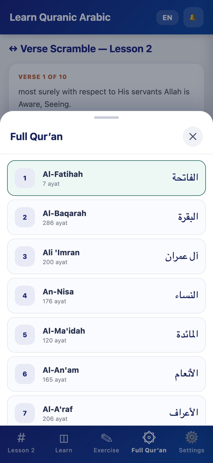 Full Qur'an surah list
