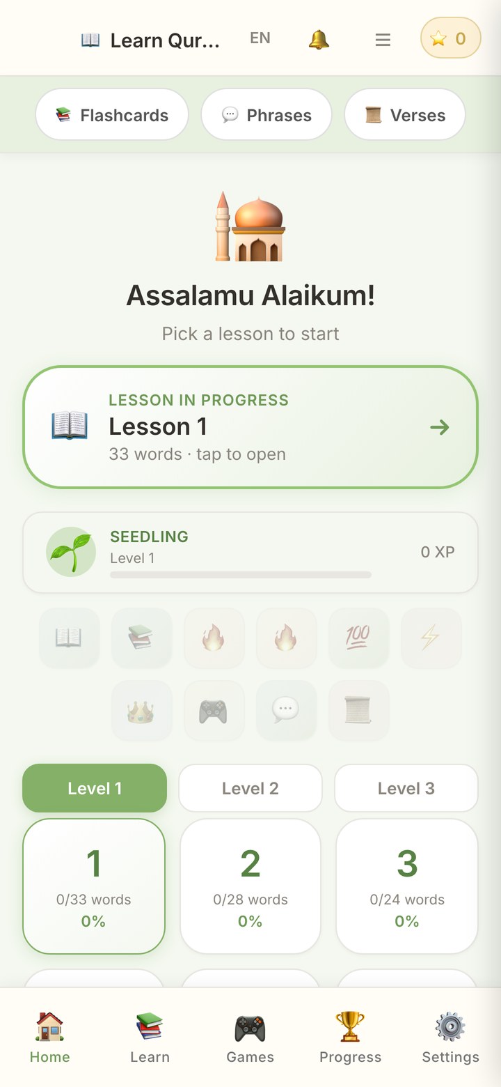 Kids Mode home screen in the Learn Qur'anic Arabic app